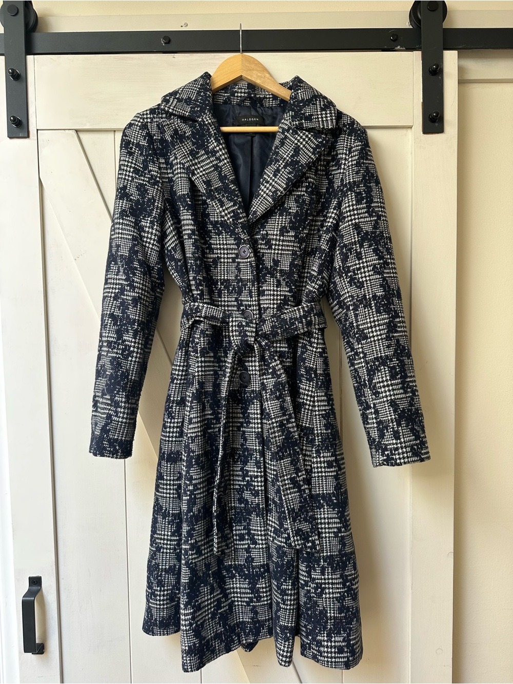 Halogen Navy Plaid Belted Long Coat